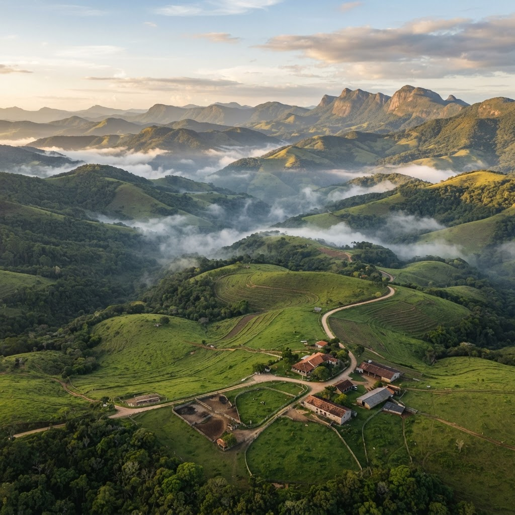 Vista aérea de colinas verdes e montanhas na Serra da Mantiqueira ao entardecer